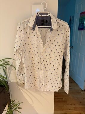 Simons White Button-Down Shirt with Blue Palm Print
